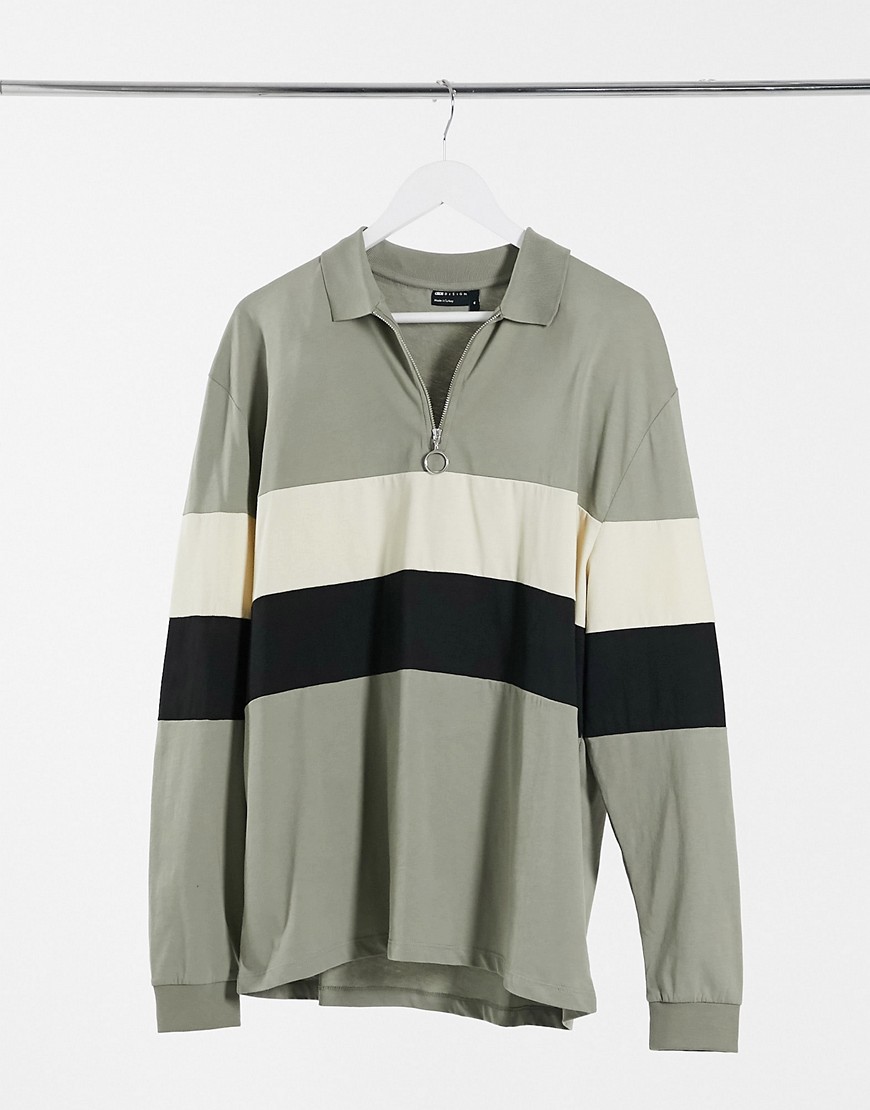 ASOS DESIGN relaxed long sleeve polo shirt with contrast panels in khaki-Green