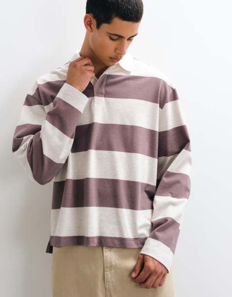 ASOS DESIGN relaxed long sleeve polo shirt with rugby neck in beige stripe - view 1