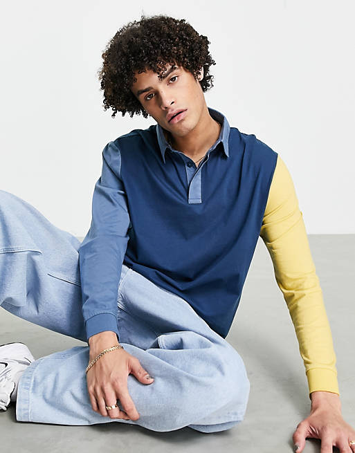  relaxed long sleeve polo t-shirt in blue and yellow colour block 