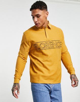 ASOS DESIGN relaxed long sleeve polo t-shirt in brown texture with city print
