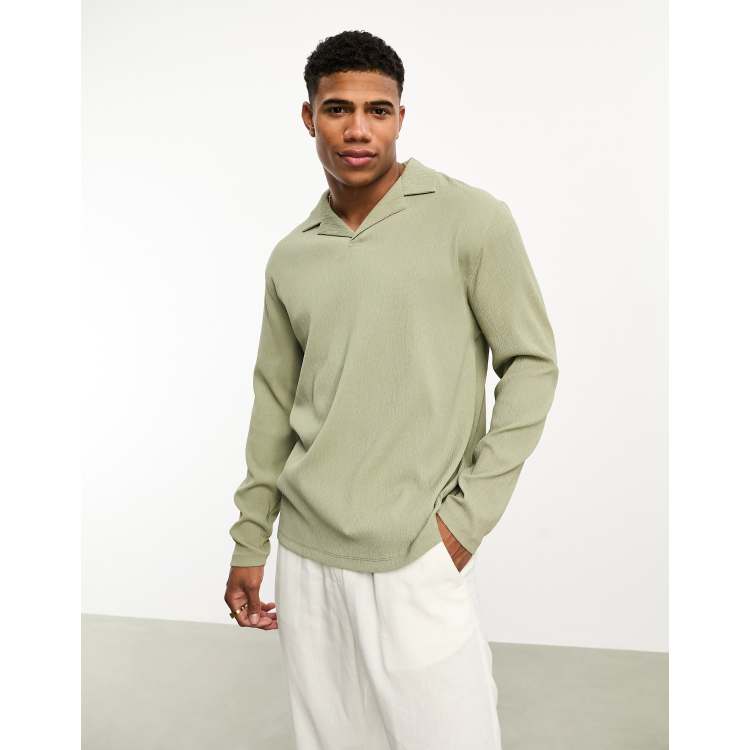 ASOS DESIGN relaxed long sleeve polo T-shirt in khaki crepe fabric 