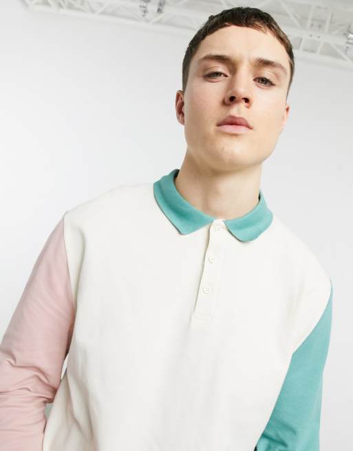 ASOS DESIGN relaxed long sleeve polo T-shirt in pastel color block pique