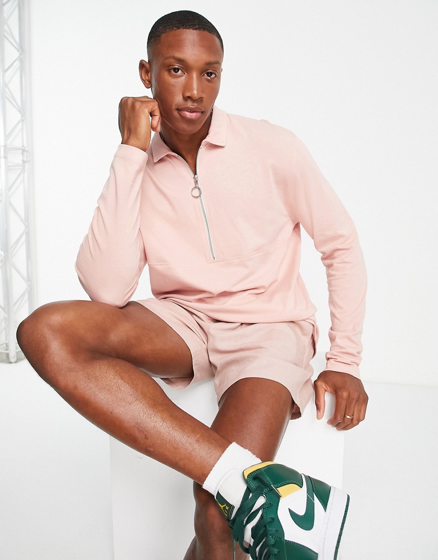 Asos Design Relaxed Long Sleeve Polo T-shirt With Ring Pull Zip In Pink