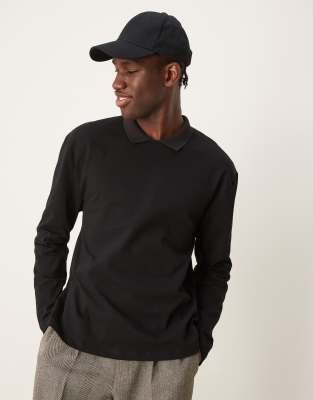 Asos Design Relaxed Long Sleeve Polo With Crew Neck Polo Collar In Black
