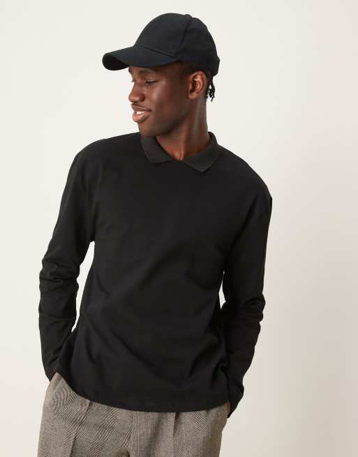 ASOS DESIGN relaxed long sleeve polo with crew neck polo collar in black