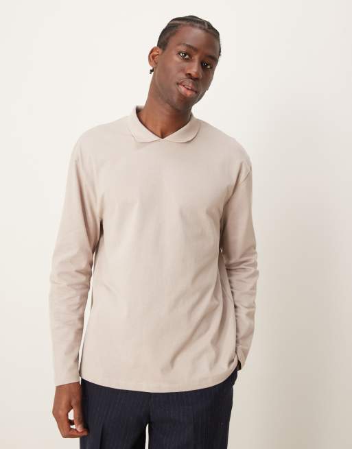 ASOS DESIGN relaxed long sleeve polo with crew neck polo collar in stone