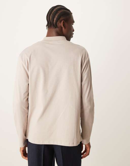 ASOS DESIGN relaxed long sleeve polo with crew neck polo collar in stone, 4 of 4