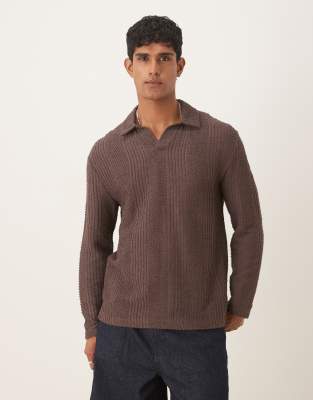 Asos Design Relaxed Long Sleeve Polo With V- Neck Brown Texture