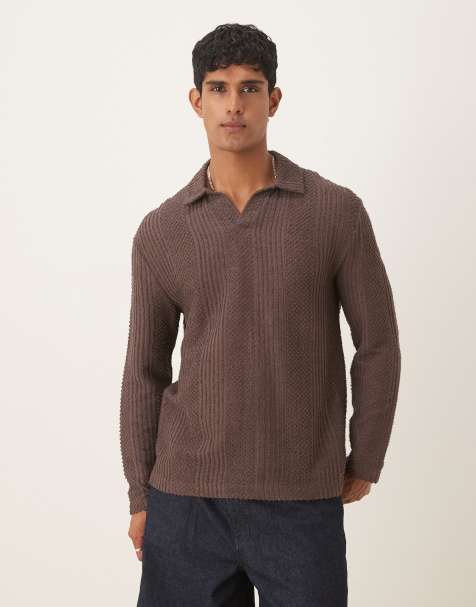 ASOS DESIGN relaxed long sleeve polo with v- neck brown texture - view 1