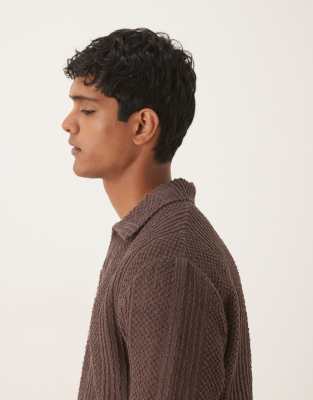 Asos Design Relaxed Long Sleeve Polo With V- Neck Brown Texture In Brown