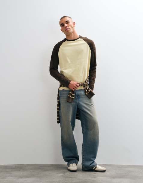 ASOS DESIGN relaxed long sleeve raglan t-shirt in brown and yellow - view 1
