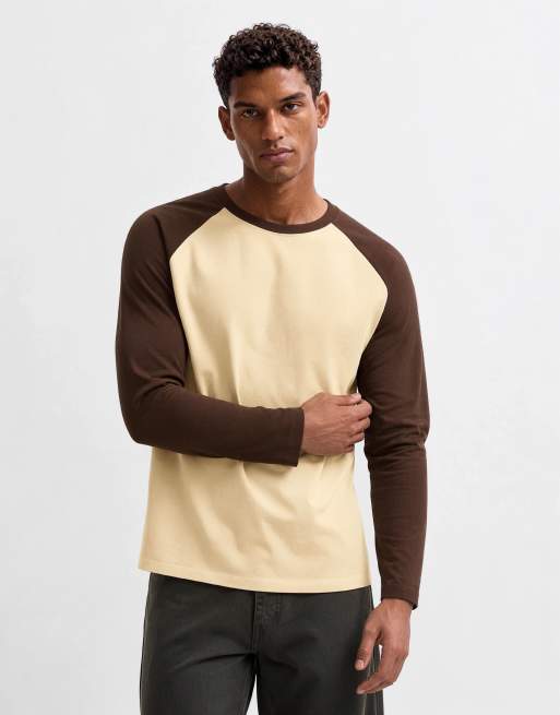 ASOS DESIGN relaxed long sleeve raglan t-shirt in brown and yellow, 10 of 10
