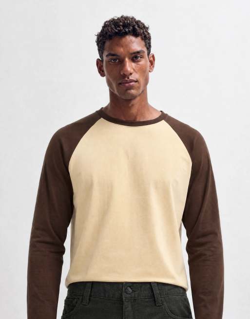 ASOS DESIGN relaxed long sleeve raglan t-shirt in brown and yellow, 6 of 7