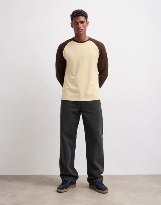 ASOS DESIGN relaxed long sleeve raglan t-shirt in brown and yellow, 7 of 7