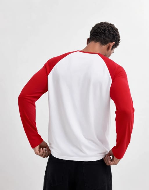 ASOS DESIGN relaxed long sleeve raglan t-shirt in white and red, 9 of 10