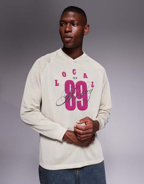 ASOS DESIGN relaxed long sleeve raglan t-shirt with number graphic in beige airtex - view 1