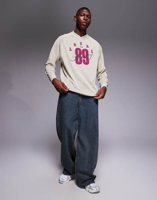 ASOS DESIGN relaxed long sleeve raglan t-shirt with number graphic in beige airtex , 2 of 5