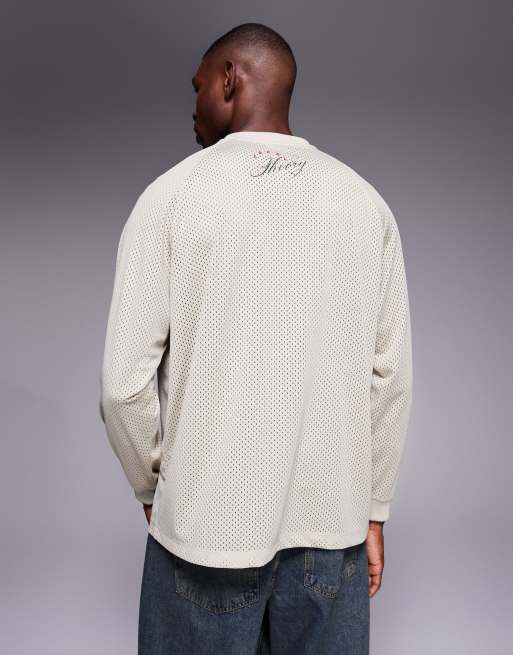 ASOS DESIGN relaxed long sleeve raglan t-shirt with number graphic in beige airtex , 3 of 5