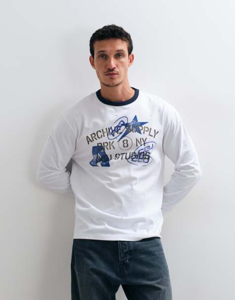 ASOS DESIGN relaxed long sleeve ringer graphic tshirt in white - view 1