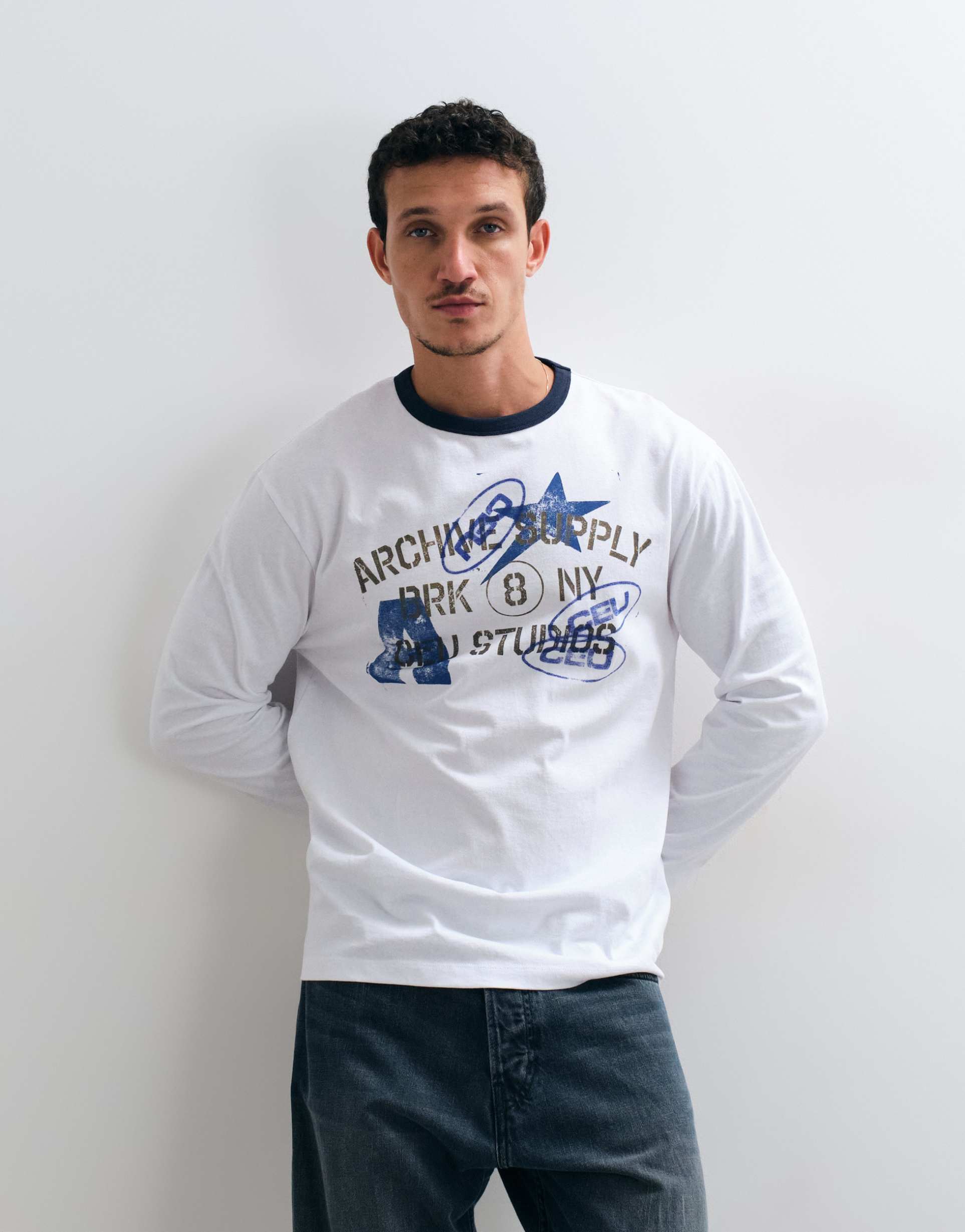 ASOS DESIGN relaxed long sleeve ringer graphic tshirt in white