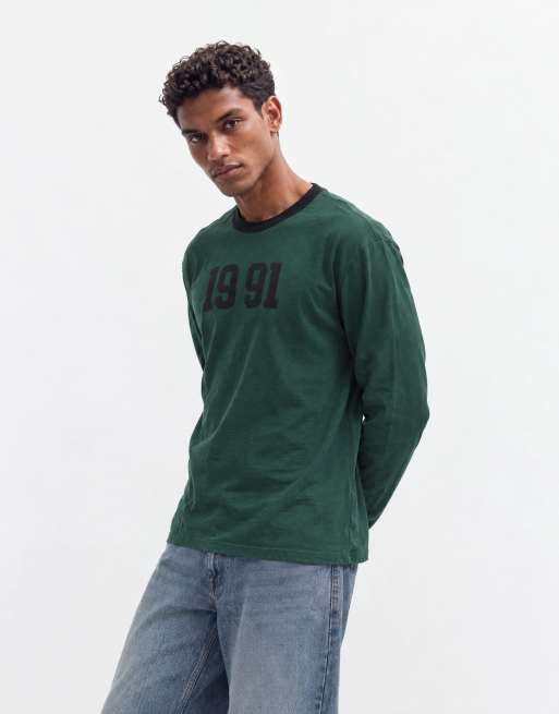 ASOS DESIGN relaxed long sleeve ringer t-shirt with number graphic in green , 6 of 9
