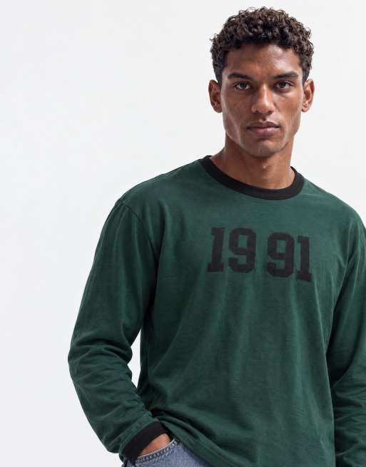 ASOS DESIGN relaxed long sleeve ringer t-shirt with number graphic in green , 7 of 9
