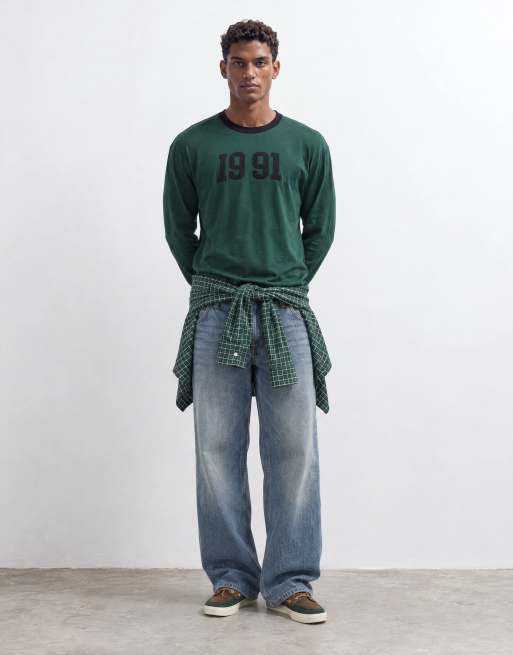 ASOS DESIGN relaxed long sleeve ringer t-shirt with number graphic in green , 9 of 9