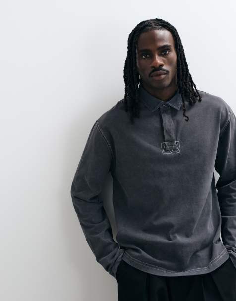 ASOS DESIGN relaxed long sleeve rugby polo in charcoal wash
