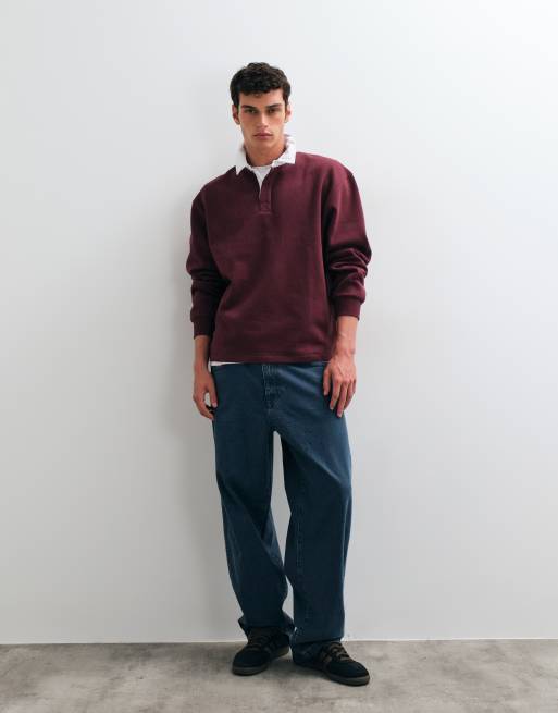 ASOS DESIGN relaxed long sleeve rugby polo with contrast collar in burgundy, 2 of 5