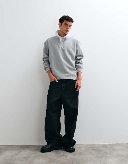ASOS DESIGN relaxed long sleeve rugby polo with contrast collar in gray heather, 3 of 5