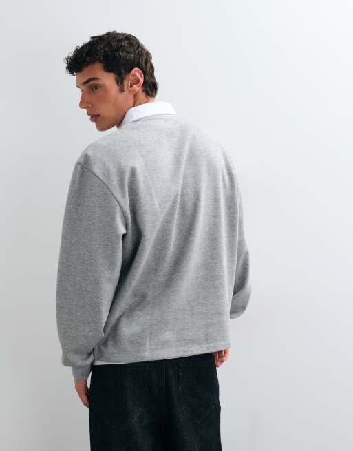 ASOS DESIGN relaxed long sleeve rugby polo with contrast collar in grey marl, 2 of 5