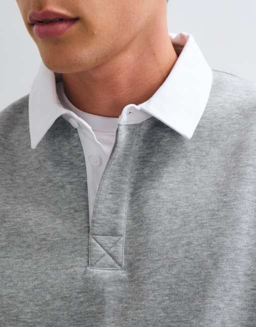 ASOS DESIGN relaxed long sleeve rugby polo with contrast collar in grey marl, 4 of 5