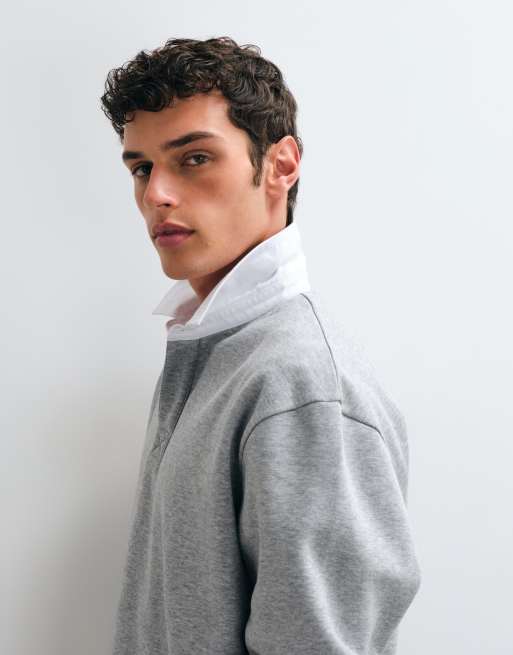 ASOS DESIGN relaxed long sleeve rugby polo with contrast collar in grey marl, 5 of 5