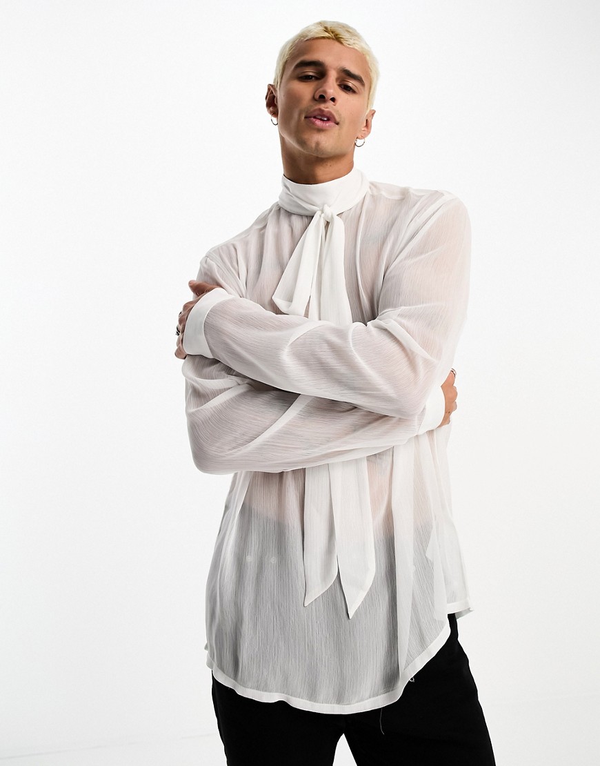 Shop Asos Design Relaxed Long Sleeve Sheer Crepe Shirt With High Neck Pussybow Tie In White