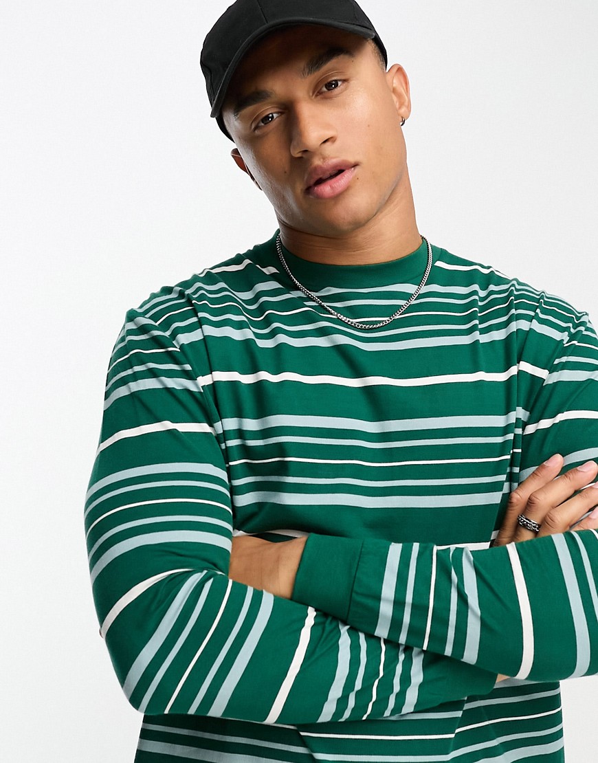 ASOS DESIGN relaxed long sleeve stripe t-shirt in green and white