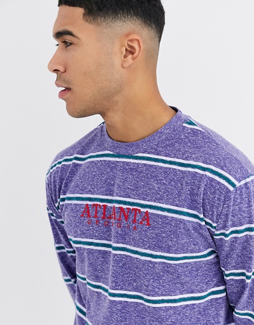 ASOS DESIGN relaxed long sleeve stripe t-shirt in neppy fabric with chest embroidery