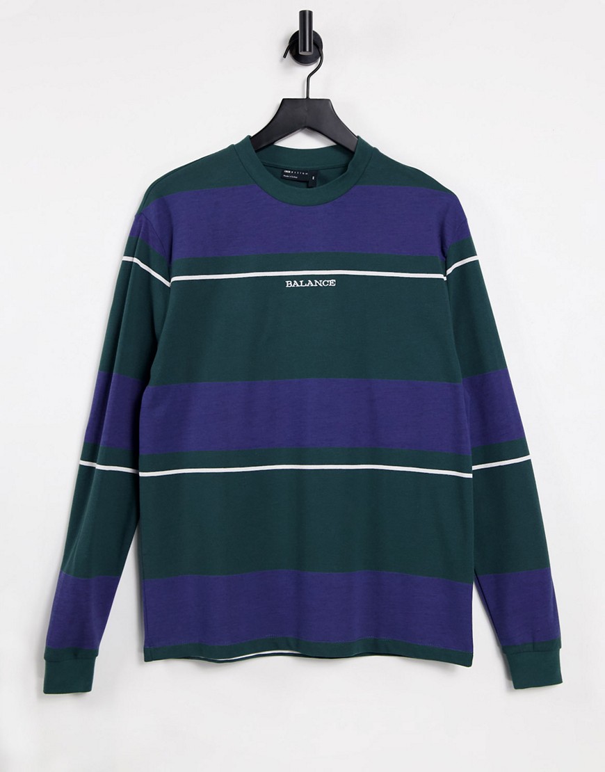 ASOS DESIGN relaxed long sleeve stripe t-shirt in pique with text print-Green