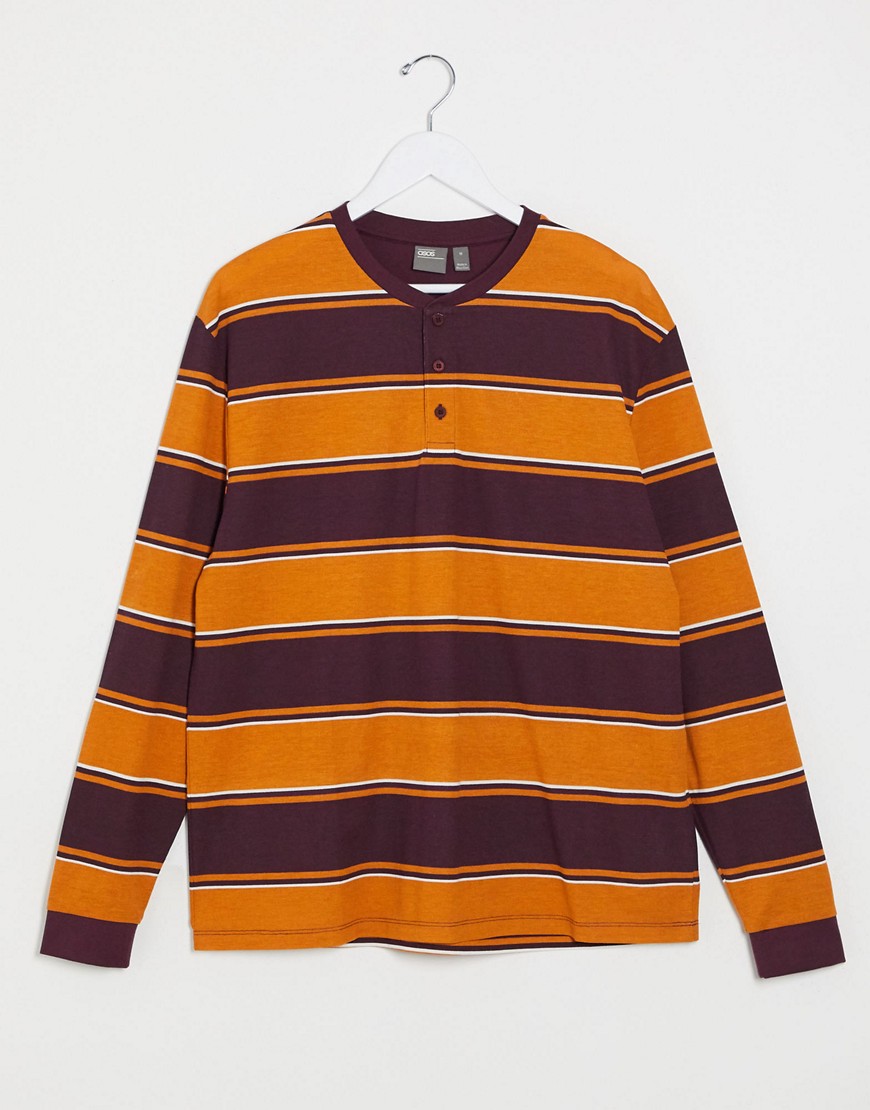 ASOS DESIGN relaxed long sleeve stripe t-shirt with grandad neck in pique-Multi
