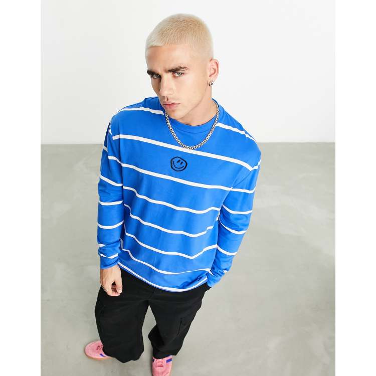 ASOS DESIGN relaxed long sleeve stripe t-shirt with smiley chest print in  blue