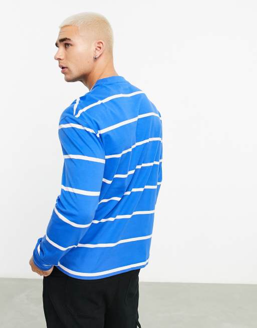 ASOS DESIGN relaxed long sleeve stripe t-shirt with smiley chest print in  blue