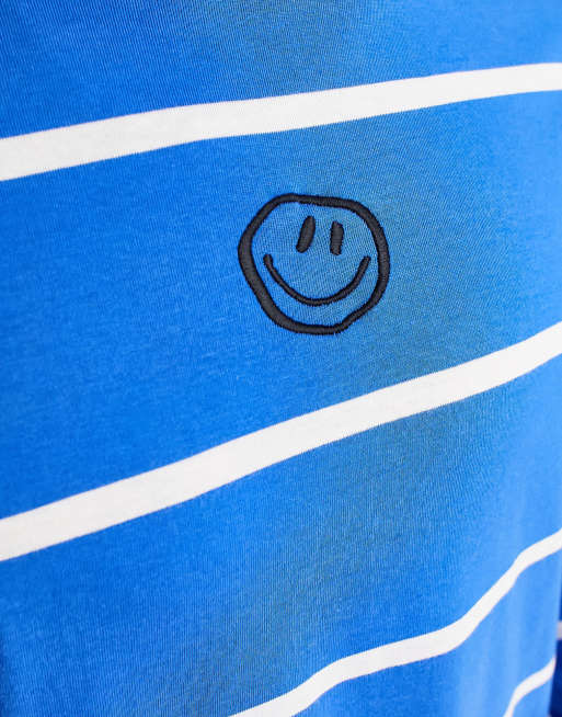 ASOS DESIGN relaxed long sleeve stripe t-shirt with smiley chest print in  blue