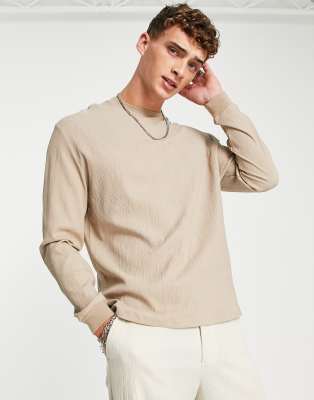 ASOS DESIGN relaxed long sleeve T-shirt in beige crinkle texture-Neutral