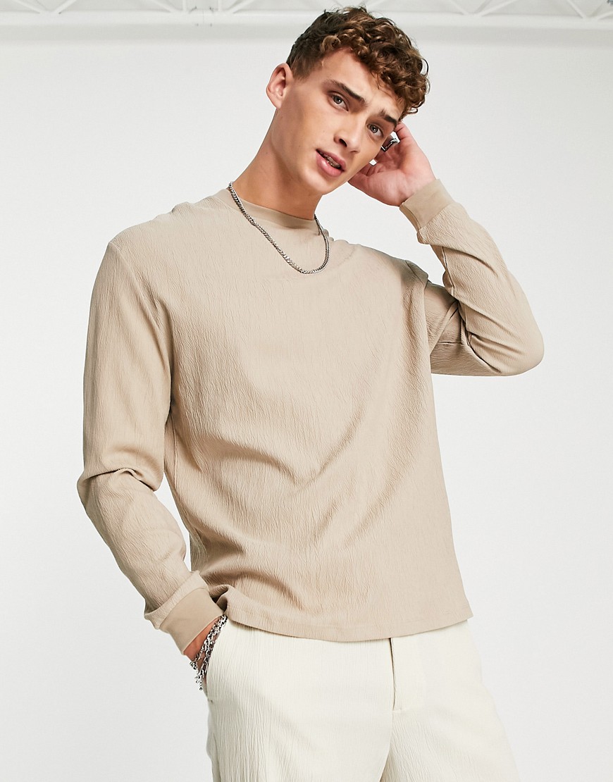 ASOS DESIGN relaxed long sleeve t-shirt in beige crinkle texture-Neutral