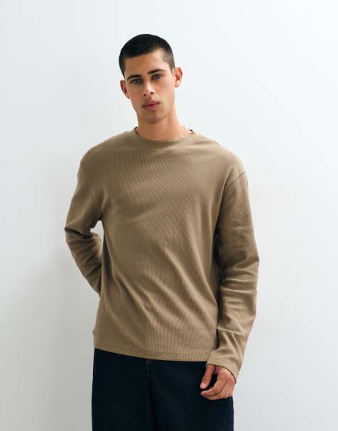 ASOS DESIGN relaxed long sleeve t-shirt in beige waffle  - view 1