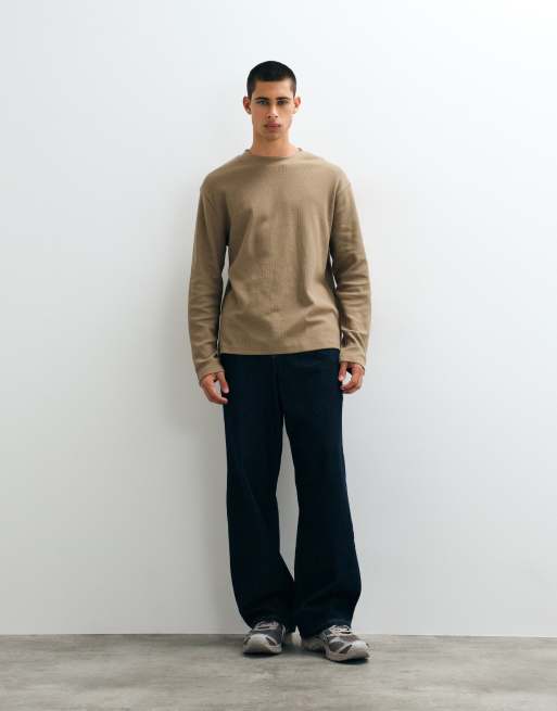 ASOS DESIGN relaxed long sleeve t-shirt in beige waffle , 2 of 5