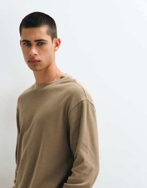 ASOS DESIGN relaxed long sleeve t-shirt in beige waffle , 3 of 5