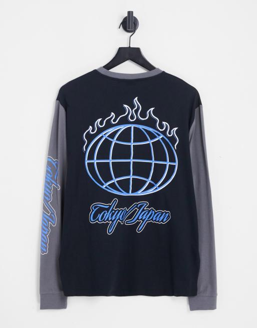 ASOS DESIGN relaxed long sleeve t-shirt in black and grey colour block with Tokyo city print
