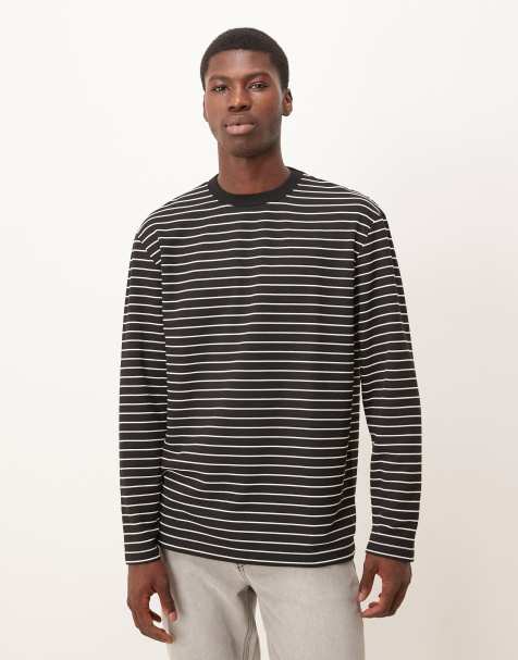 ASOS DESIGN relaxed long sleeve t-shirt in black and white stripes - view 1