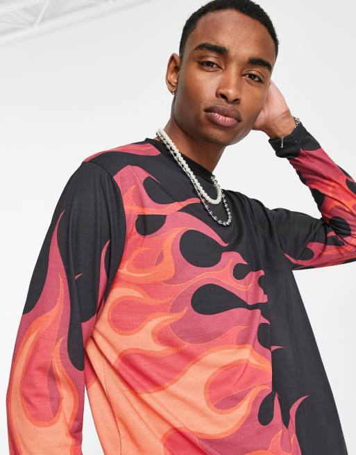 Mens black shop shirt with flames