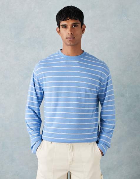 ASOS DESIGN relaxed long sleeve t-shirt in blue and white stripe texture - view 1